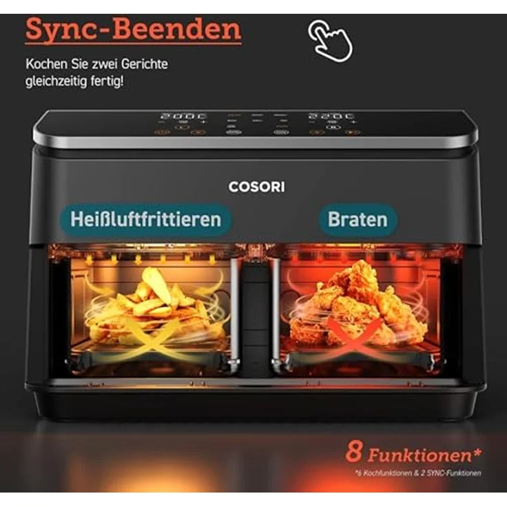 COSORI Dual Basket CAF-R901-AEU Heißluftfritteuse mit Doppelkammer, 8.5L Max Airfryer, 50+ Online Recepte, 8 in 1 Funktionen, Sichtfenster, Energiesparend, Schwarz – Bild 3