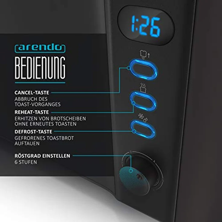 Arendo Toaster Langschlitz 2 Scheiben - Defrost Funktion - 1000 W - Doppelwandgehäuse - Bräunungsgrade 1-6 - Display mit Restzeitanzeige - Edelstahl schwarz matt – Bild 4