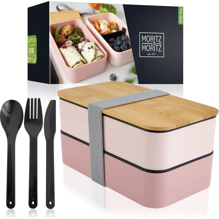 Moritz & Moritz Lunchbox Bento Box pink, Kunststoff, Bambus, Elasthan, 10-tlg Set, inkl. Besteck-Set