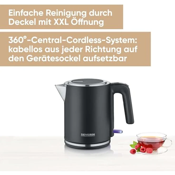 SEVERIN WK 9555 Wasserkocher 1L, leistungsstark & kompakt, schwarz-silber/Edelstahl, mit Wasserstandsanzeige, Kalkfilter & XXL-Öffnung – Bild 2