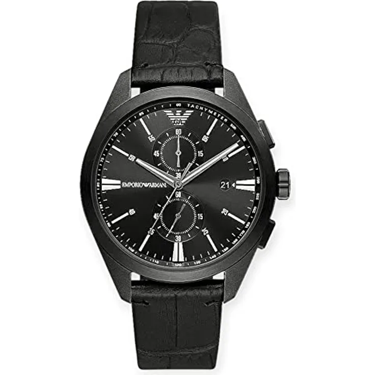Emporio Armani Herrenuhr Chronograph AR11483, 43mm Edelstahlgehäuse, ProPlanet Lederarmband, schwarz