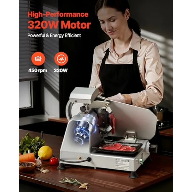 VEVOR Allesschneider 320 W, elektrische Aufschnittmaschine mit 25 cm Klinge, einstellbare Dicke 0-10 mm für gefrorenes Fleisch und Schinken, Silber – Bild 2