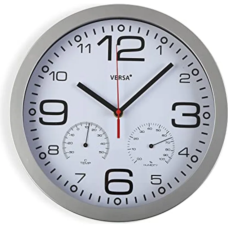Versa Pamuk Wanduhr - Leiser und dekorativer, für die Küche oder das Wohnzimmer mit Hygrometer und Thermometer, Maßnahmen (H x L x B) 30 x 4,1 x 30 cm, Aluminium und Glas, Farbe: Weiß und Grau