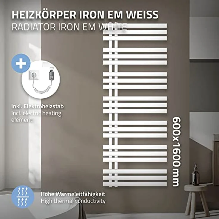 ECD Germany Iron EM Design Badheizkörper elektrisch, Heizstab 900W, 600 x 1600 mm, Weiß, Handtuchwärmer und Trockner, inkl. Montagematerial – Bild 3