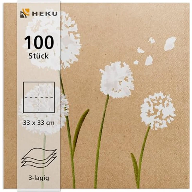 HEKU 100 Servietten, 3-lagig, 33x33cm, Pusteblume nature, saugfähig und praktisch verpackt, ideal für besondere Anlässe – Bild 2