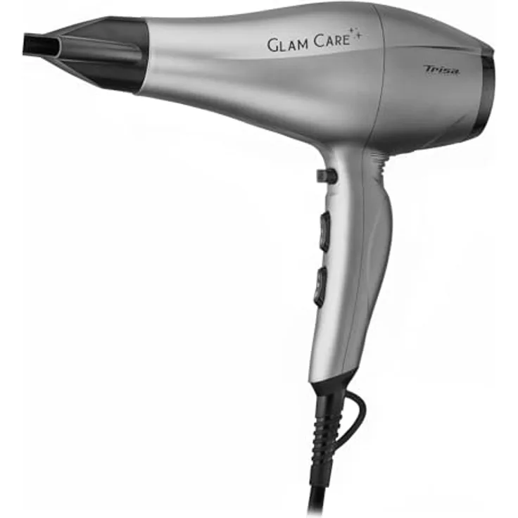 Trisa Glam Care Silber Haartrockner mit Ionen Funktion, 3 Heizstufen, Cool Shot, Überhitzungsschutz, Diffusor & Ondulierdüse für Geschmeidiges & Glänzendes Haar