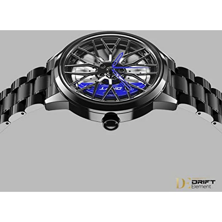 DriftElement Motorsport Felgenuhr Herren - Sportwagen Männer Armbanduhr im 3D Design der Sternspeichen M8 Felge aus Edelstahl - Custom Designer Uhr mit Mineralglas (Blau) – Bild 4