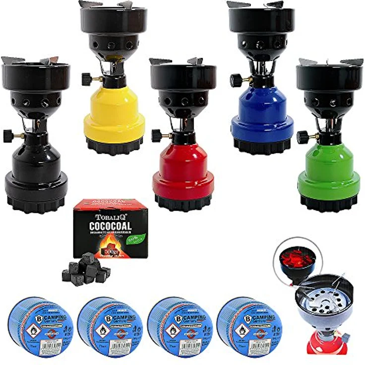 Mianova Campingkocher Camping Kocher Shisha Kohleanzünder Notfallkocher Grill Anzünder Gaskocher Gaskartuschen mit 4 Kartuschen Gasflaschen Kohle Blau – Bild 5