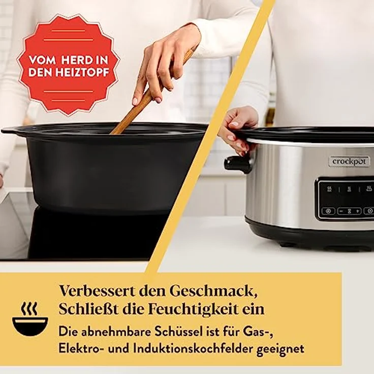 Crockpot Sizzle & Stew Digital Slow Cooker | 6,5 L (8+ Personen) | Abnehmbare induktionsgeeignete Schüssel für Fleisch und Gemüse | EU 2 Pin Stecker | Edelstahl [CSC112X] - Preisvergleich – Bild 2