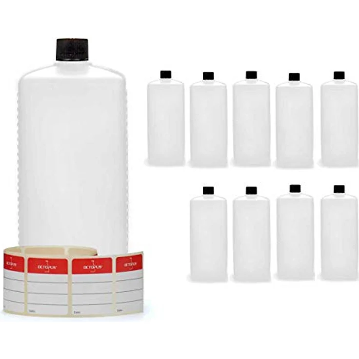 Octopus 10x 1000ml Kunststoffflaschen mit schwarzen Schraubverschlüssen, HDPE Plastikflaschen, lebensmittelecht, inkl. Beschriftungsetiketten – Bild 1