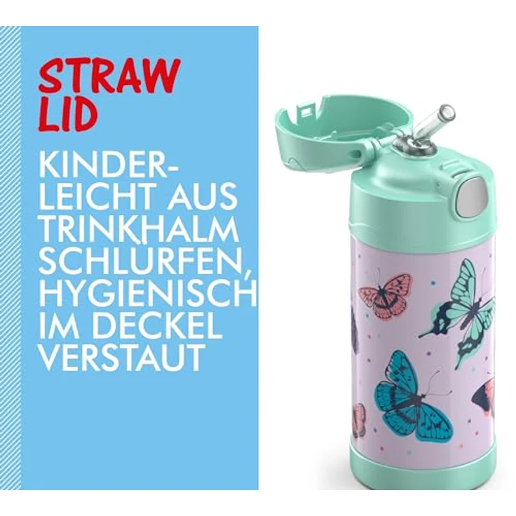 RMOVR THERMOS kids FUNTAINER STRAW BOTTLE 0,35l, butterflies, Thermosflasche für Kinder aus Edelstahl, mit Strohhalm, X h heiß/X h kalt, absolut dicht, für Schule, Kindergarten, Pause – Bild 3