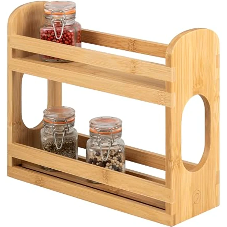 eluno Gewürzregal ausziehbar mit 2 Etagen aus Bambus 29 x 10 x 24,5 cm, praktischer Schrankorganizer in warmem Naturton – Bild 2