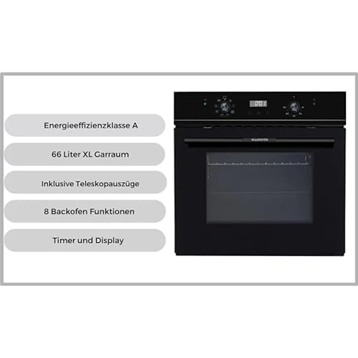Wolkenstein WMO 90 Einbau-Backofen mit Glasblende | 66 L | 8 Backofenfunktionen | Digitaltimer | Softclose | 2300 Watt | Energieeffizienzklasse A – Bild 3