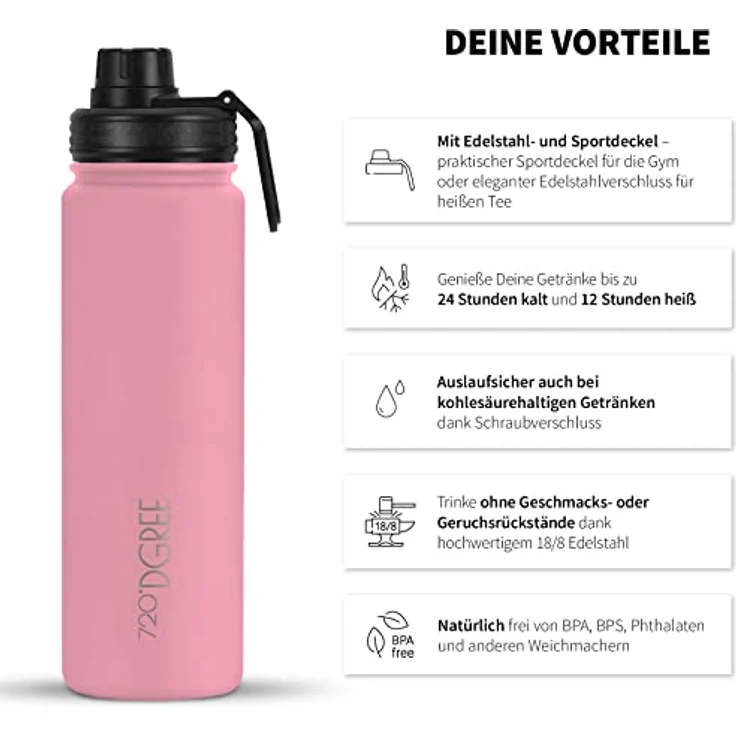 720 DGREE Trinkflasche Edelstahl 1200ml Thermo mit 2. gratis Sportdeckel noLimit flamingo pink – Bild 2