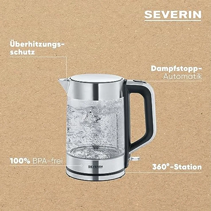 SEVERIN 3420-000 WK 3420 Wasserkocher, 2200, 1.7 liters, Glas-Edelstahl-gebürstet-schwarz – Bild 5
