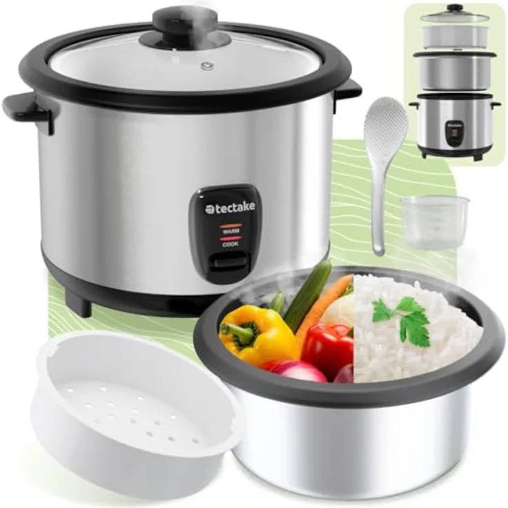 tectake® Reiskocher, Rice Cooker, Steamer Pot, Reis Maker mit Dampfgarer Einsatz, Topf, großes Volumen 1,8 l, bis zu zehn Portionen Klebereis, Vollkornreis oder Sushireis, Stahlgehäuse, Warmhaltefunktion