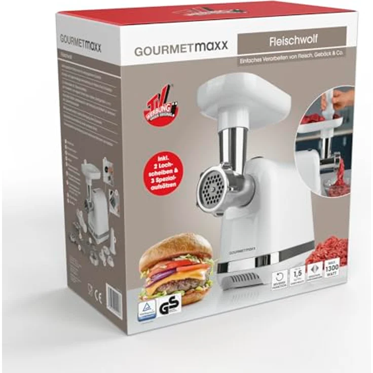GOURMETmaxx Fleischwolf elektrisch, 1300 W mit 2 Lochscheiben & 3 Spezialaufsätzen für 1,5 kg Fleisch pro Minute – Bild 7