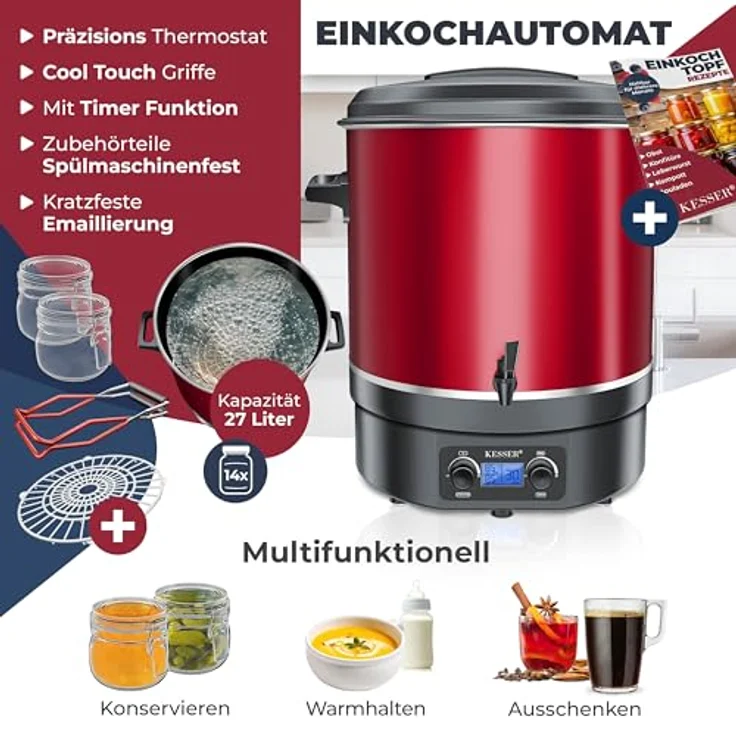 KESSER Einkochautomat 27 Liter, Glühweinkocher mit Timer, 2000 Watt, Temperatur 30-100°C, Abschaltautomatik, inklusive 2 Gläser & Zange – Bild 2
