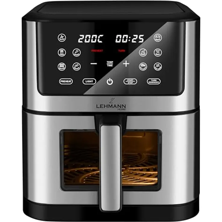 LEHMANN Heißluftfritteuse LHODF-1880B XXL 8 Liter, 1800 W, bis zu 200°C, 10 Programme, Timer, fettfreies Kochen, schwarz