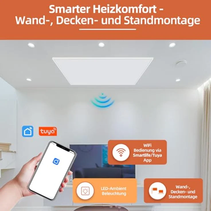 SHX Premium Infrarot Heizung mit WIFI 1200W, Decken- oder Wandmontage, Standgerät, dimmbare Ambiente Beleuchtung, Fernbedienung, Fenstererkennung, LED Display, Carbon Crystal PET Oberfläche – Bild 4