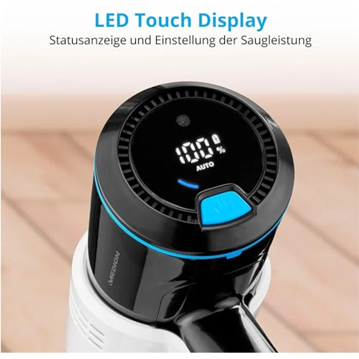MEDION P250 Stabstaubsauger (kabellos, beutellos, Zyklon-Technologie, 250 Watt, 2in1 Stielstaubsauger und Handstaubsauger mit Akku, Staubsensor, HEPA H13, LED Touch Display, Bürstenrolle) – Bild 4
