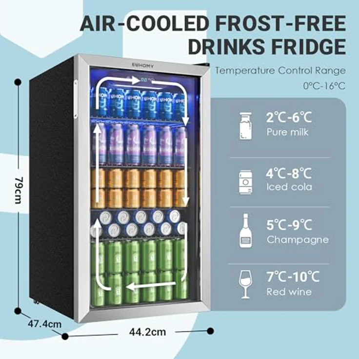 EUHOMY 90L Getränkekühlschrank, Minikühlschrank für 126 Dosen mit verstellbaren Regalen, Glastür, 0-16°C Temperaturregelung, leises Kühlsystem, Silber, Edelstahl – Bild 3