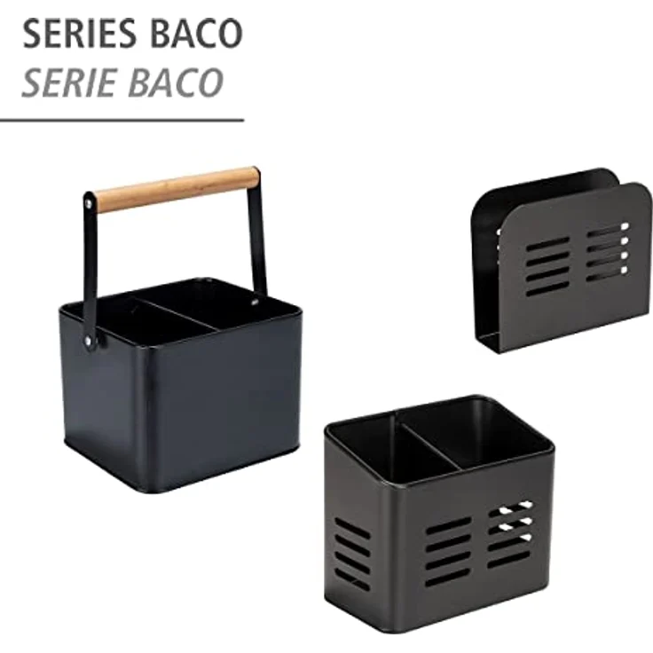WENKO Utensilienkorb Baco, Black Outdoor Kitchen Zubehör, robuster Tragekorb aus pulverbeschichtetem schwarzem Metall mit flexiblem Holzgriff, ideal für den Transport von Saucen, 18 x 25,5 x 15 cm – Bild 5