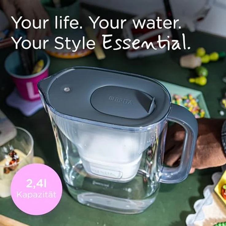 BRITA Wasserfilter Kanne Style Essential, steinblau, 2,4l mit 6x MAXTRA PRO Filterkartuschen, Smart Light LED, Klapp-Deckel, Kühlschranktauglich – Bild 2