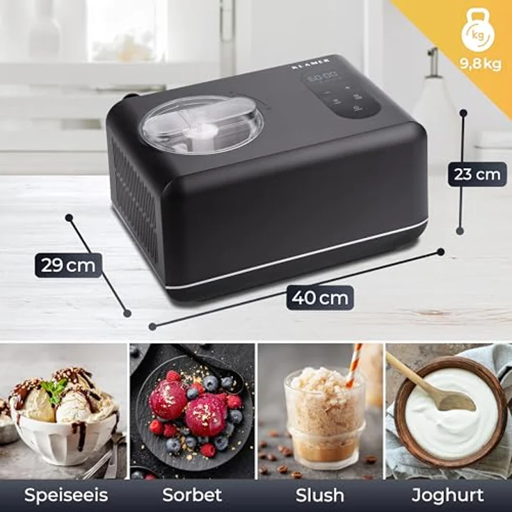 KLAMER 3-in-1 Eismaschine, Slush Maschine & Joghurtbereiter, 1,5 L, 150 W Edelstahl mit Kühl- & Heizfunktion, selbstkühlender Kompressor für Sorbet, Slush und Frozen Yoghurt – Bild 4