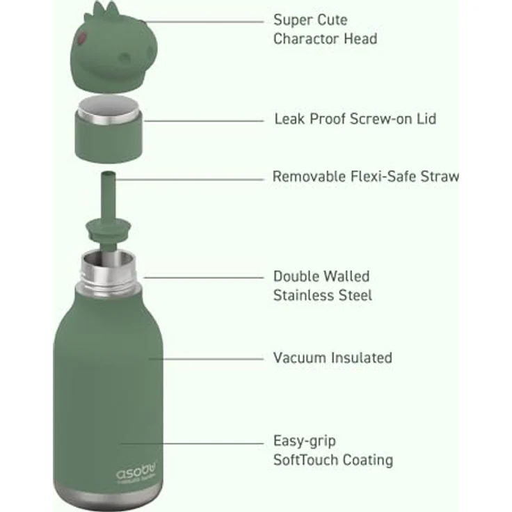 Asobu Bestie Dinosaurier-Wasserflasche, isolierte Edelstahl-Trinkflasche mit Silikon-Strohhalm, 460 ml, auslaufsicher, BPA-frei – Bild 2