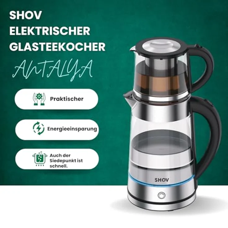 Shov Elektrischer Glasteekocher - Strix Controller, Trockenkochschutz, Wasserkocherfunktion, Warmhaltfunktion - 1,7 Liter / 0,8 Liter, Edelstahl – Bild 3