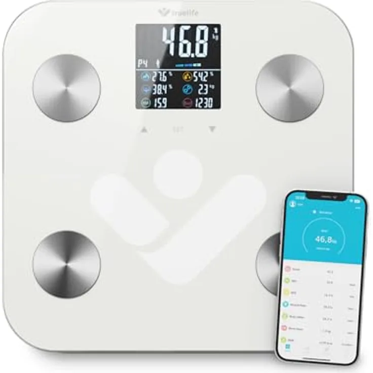 TrueLife FitScale W6 BT Personenwaage Digital, Bluetooth Körperwaage, Waage Personen, 19 messdaten, farbiges LCD-Display, bis zu 8 Benutzer, Waage mit Körperfett und Muskelmasse, mobile App