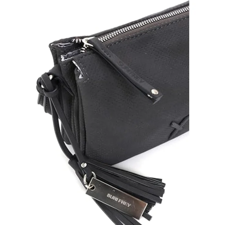 SURI FREY Umhängetasche SFY Romy, für Damen in Uni-Design mit Lasercut-Optik, Feinsynthetik, PETA-Approved Vegan, samtige Haptik, Quaste, 21 x 17 x 8 cm, schwarz – Bild 6