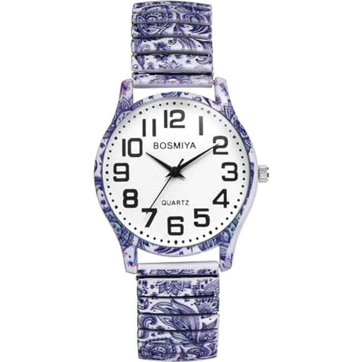 JewelryWe Damenuhr Boho, Vintage Blau-Weißes Porzellan Druck, Analog Quarz Armbanduhr mit elastischem Edelstahl Stretch Armband und großen römischen Ziffern – Bild 1