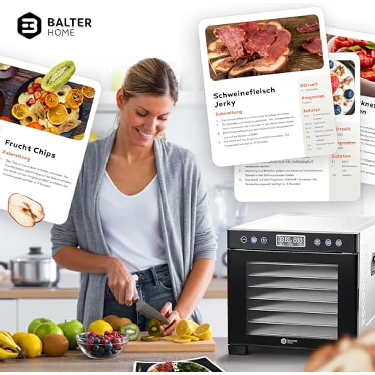 Balter Dörrautomat DA-108, Edelstahl Dörrgerät mit 7 Einlegefächern, 600 W, 35°–75°C, Timer bis 48 Std, BPA-frei, Warmhaltefunktion, inkl. Rezeptbuch – Bild 4