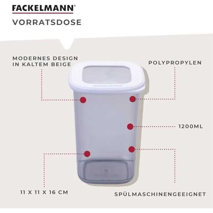 FACKELMANN Vorratsdose eckig 1200ml – Transparent mit hellem beigem Deckel, Spülmaschinenfest & Robust für Meal Prep – Bild 3