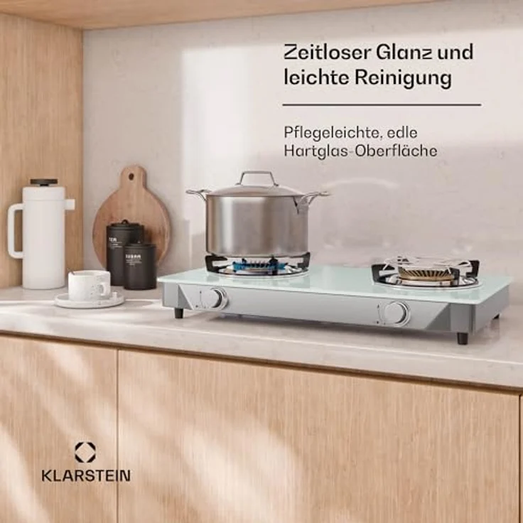 Klarstein Barzona Gaskochfeld, 2-Brenner Edelstahl & Glas, 7,7kW, Tragbarer Campingkocher mit Piezo-Zündung & Flammenausfallsicherung, Komplettset mit Schlauch & Regler – Bild 5