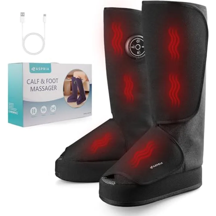 Aspria 2-in-1 Waden-Fußmassagegerät mit Luftkompression, Vibration und Wärmetherapie, kabelloses Design für geschwollene Beine, schwarz
