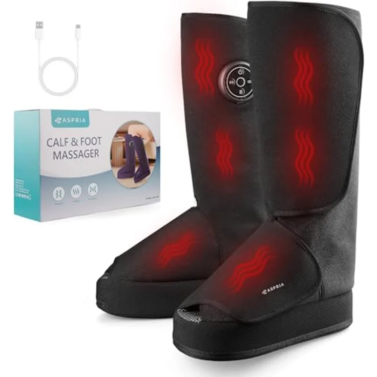 Aspria 2-in-1 Waden-Fußmassagegerät mit Luftkompression, Vibration und Wärmetherapie, kabelloses Design für geschwollene Beine, schwarz – Bild 1