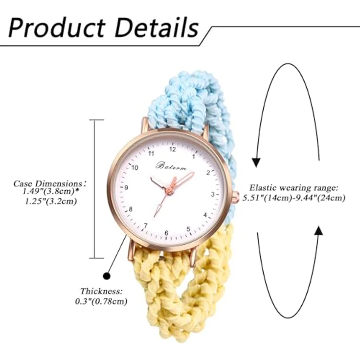 JewelryWe Damenuhr mit elastischem Haarband, Analog Quarz Armbanduhr in Blau und Gelb, Multifunktionale Lässige Uhr – Bild 4
