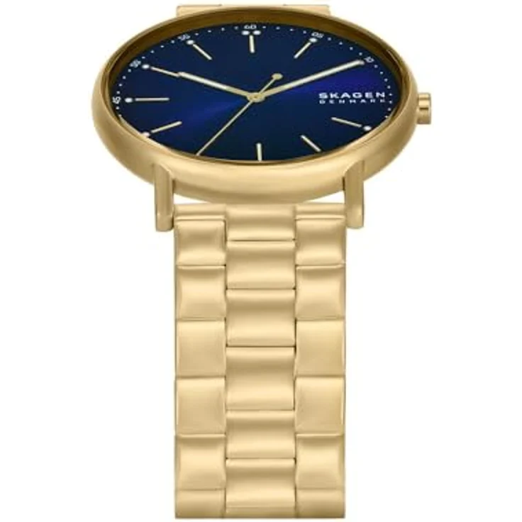 Skagen Signatur Herrenuhr, Quarz-Dreizeigerwerk mit goldenem Edelstahlarmband und blauem Zifferblatt, wasserdicht bis 50 m – Bild 4