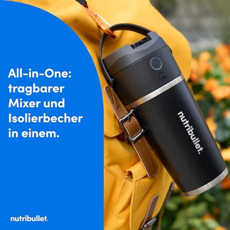 NutriBullet Flip NBP016B tragbarer Mixer, 590ml isolierter Edelstahlbecher, hält bis zu 24 Stunden kalt, mixt auch Eis und Gefrorenes, 2in1, multifunktionaler Mixer, USB-C Ladegerät, Schwarz – Bild 2