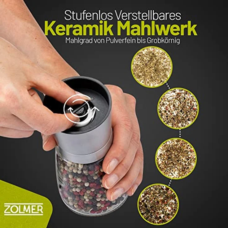 Zolmer® Salz und Pfeffermühle Set 2 Stück, Gewürzmühlen aus Edelstahl mit einstellbarem Keramikmahlwerk, spülmaschinengeeignet, 2-teilig – Bild 5