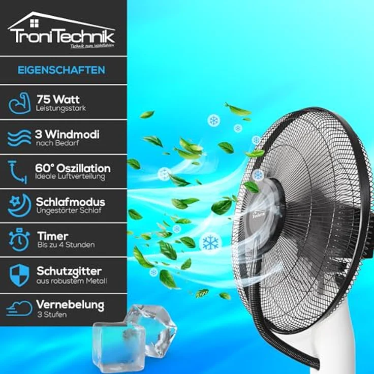 Tronitechnik® Standventilator mit Wasser, Ventilator mit Wasserkühlung Sprühnebel Raumbefeuchter, Fernbedienung, 75 Watt, Oszillierend, 3 Stufen, Timer, Schlafzimmer & Büro – Bild 2