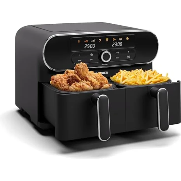 Klarstein AuraAir Color Touch Dual Heißluftfritteuse – 11L Dual-Kammer Airfryer, 1700 W, 8 Programme, Touchscreen, 75% Weniger Fett, Antihaft, Überhitzungsschutz, Schwarz/Silber