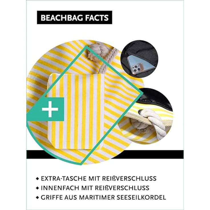 DonDon Strandtasche XXL, große Shopper Tasche mit Reißverschluss, gestreift gelb weiß, ideal für Strand und Alltag – Bild 3