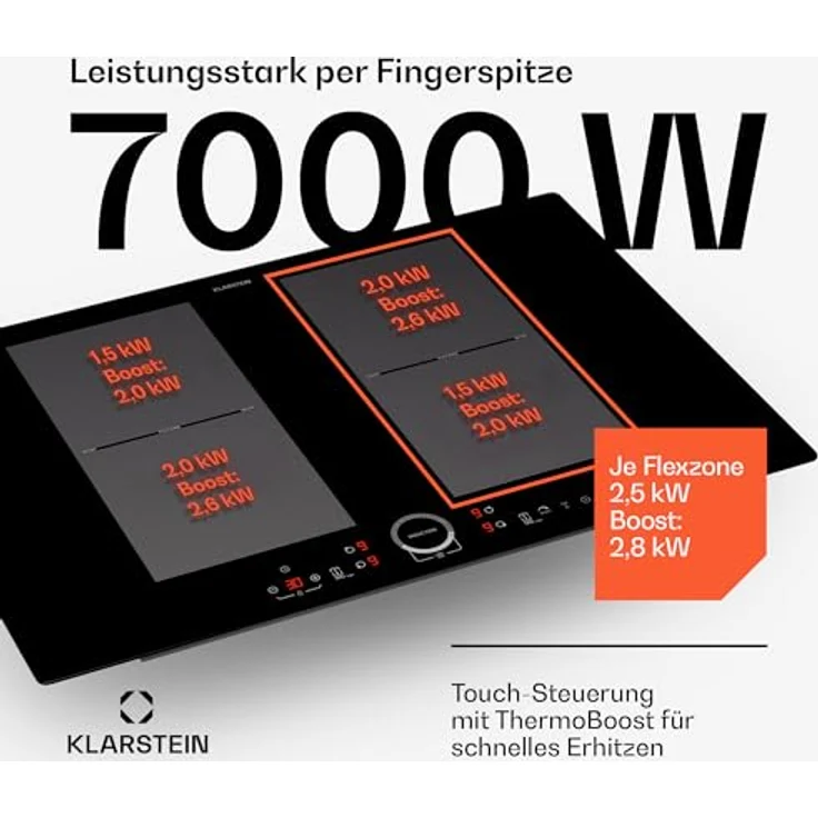 Klarstein Induktionskochfeld 4 Platten, 7000 Watt, Touch-Bedienfeld & Timer, Effizienter Elektro Induktions-Herd, Schwarz – Bild 3