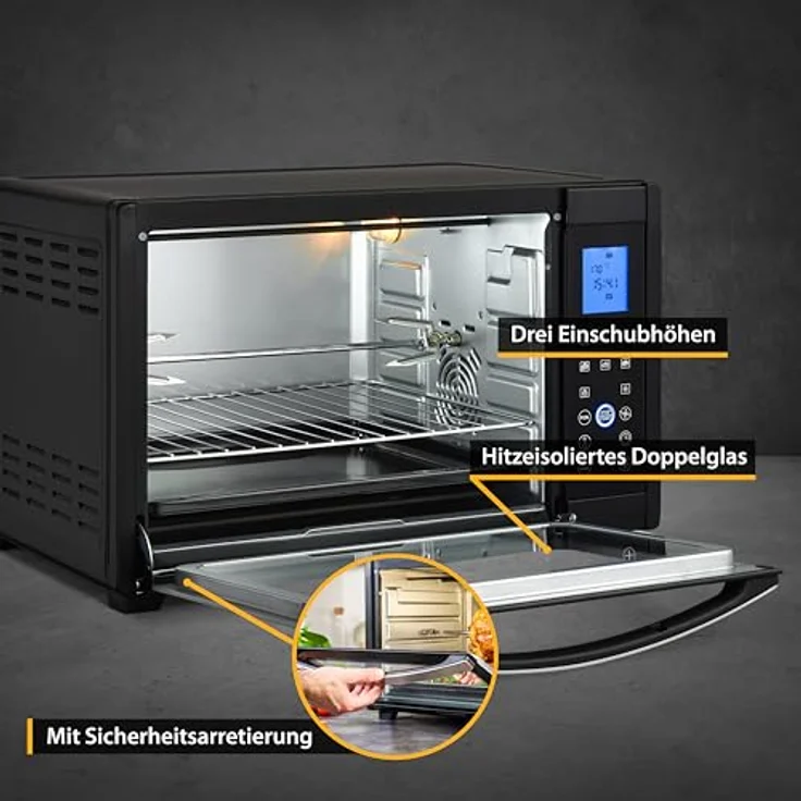 TZS First Austria Minibackofen, 30L, 1600 Watt, Digitalanzeige, kompakter Elektroofen für den Tischgebrauch, Backen & Grillen, digitales Bedienfeld, inkl. Drehspieß, in Schwarz – Bild 5