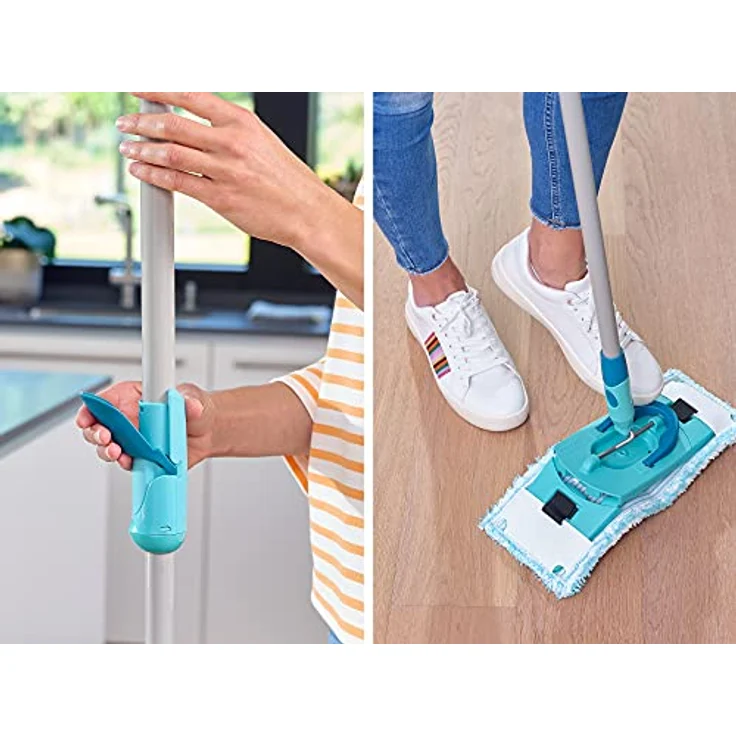 Leifheit Set Clean Twist Flachwischer Ergo 2.0, Bodenwischer mit 1x Mikrofaser Bezug für alle glatten Böden & 1x elektrostatischem Staubtuch, Wischmopp mit Click-System, Mop mit Schleudertechnologie – Bild 5