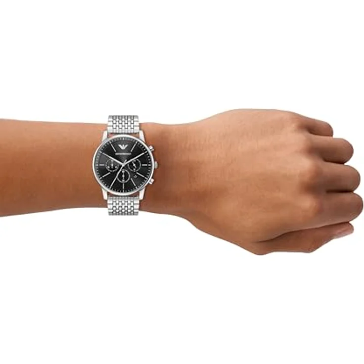 Emporio Armani AR11772, Herren 42MM silberfarbene Edelstahl Uhr mit schwarzem Sunray-Zifferblatt, Quarzwerk, kratzfestem Mineralglas und 50 m Wasserdichtigkeit – Bild 2